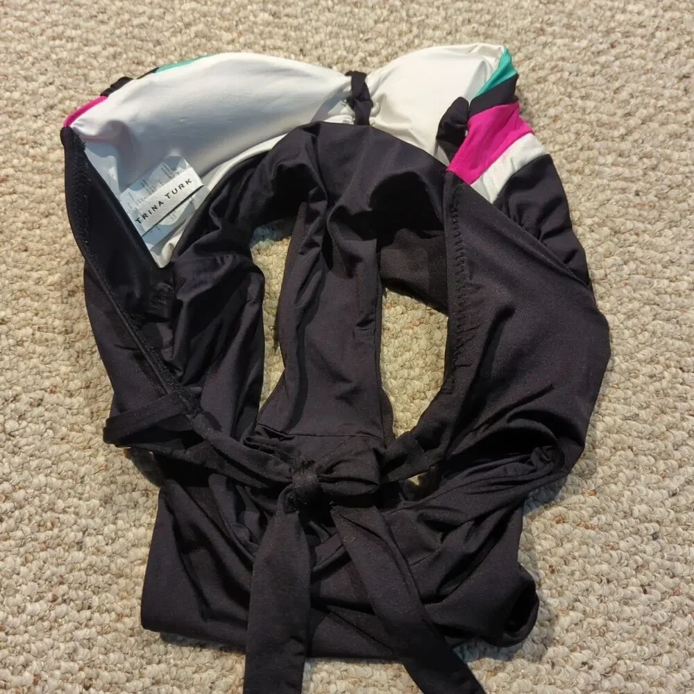 Trina Turk One Piece Swimsuit Swimwear 8 Black Cutout Keyhole Tie Back Bow